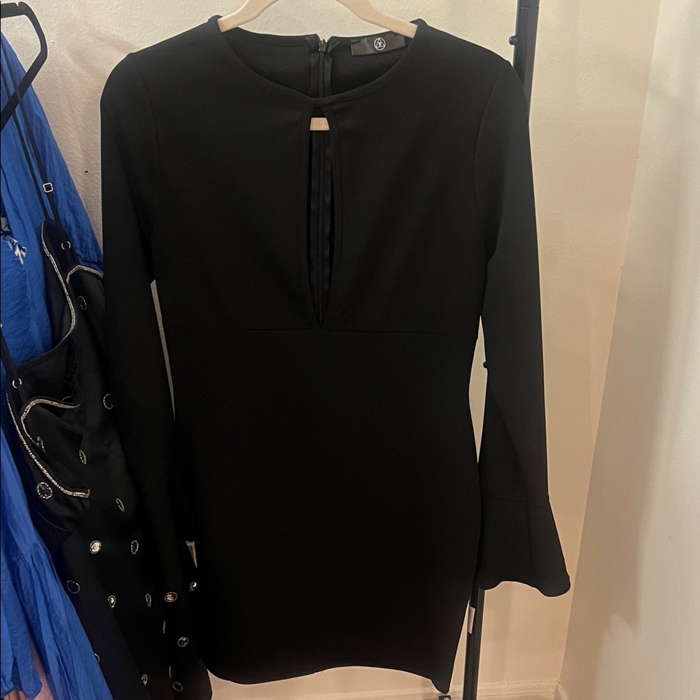 Missguided Open Plunge Keyhole Mini Black Dress with Long Ruffle Detail Sleeves